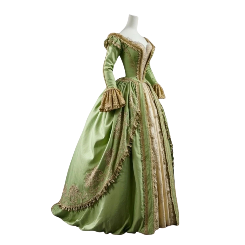 Green And Gold Vintage Victorian Prom Dresses Long Sleeves Baroque Qunee Masquerade Gowns Lace Appliques Retro Special Occasion Costume