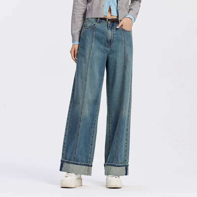 Semir Jeans Women Rolled Hem Long Pants 2025 Autumn New Loose Wide Leg Trousers