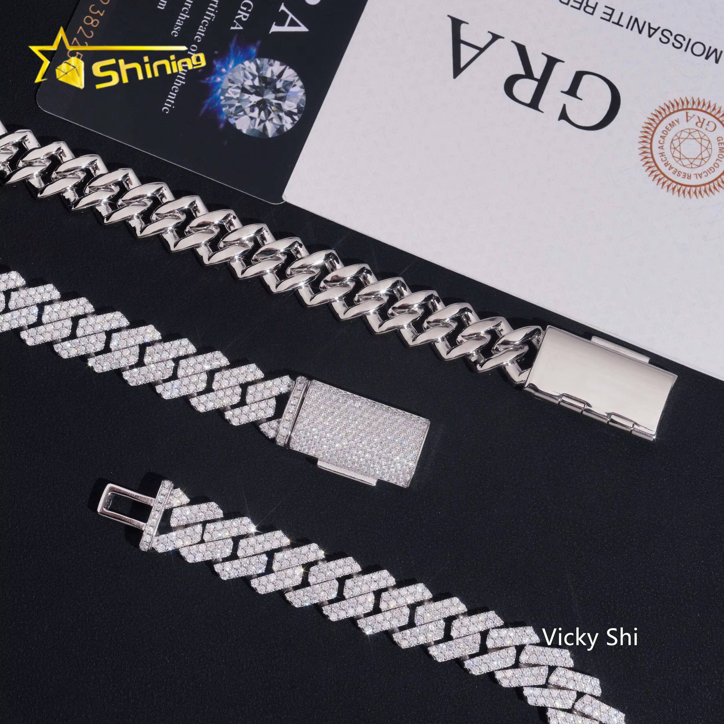 Hot Selling Hip Hop Men Cuban Necklace GRA 925 Solid Silver 13mm Two Rows Iced Out VVS1 Moissanite Cuban Link Chain