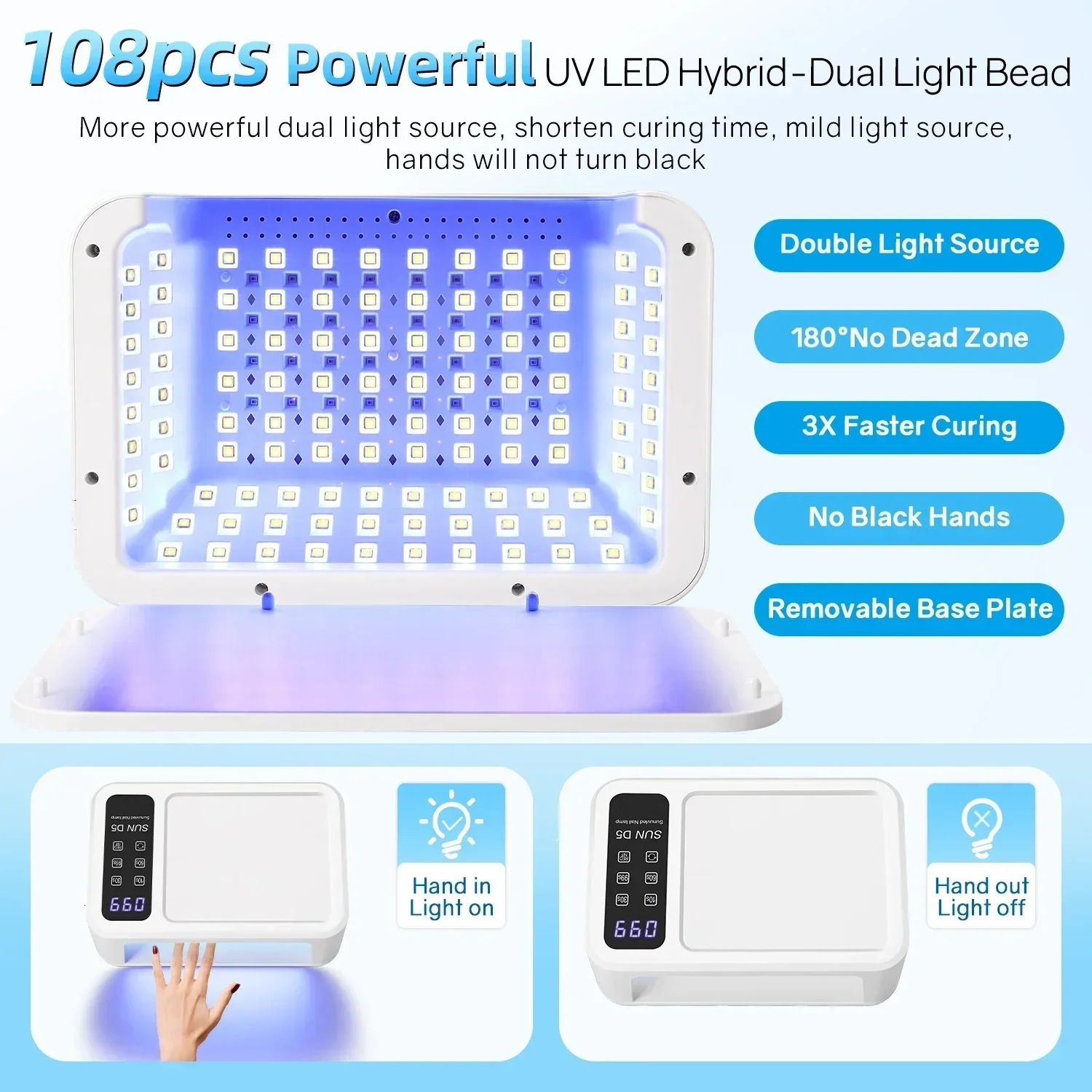 480W UV LED Lamp for Nails 108 LEDs Nail Dryer with Red Light Whitening Mode Large Space Manicure Lamp 4 Timer Settings 250807