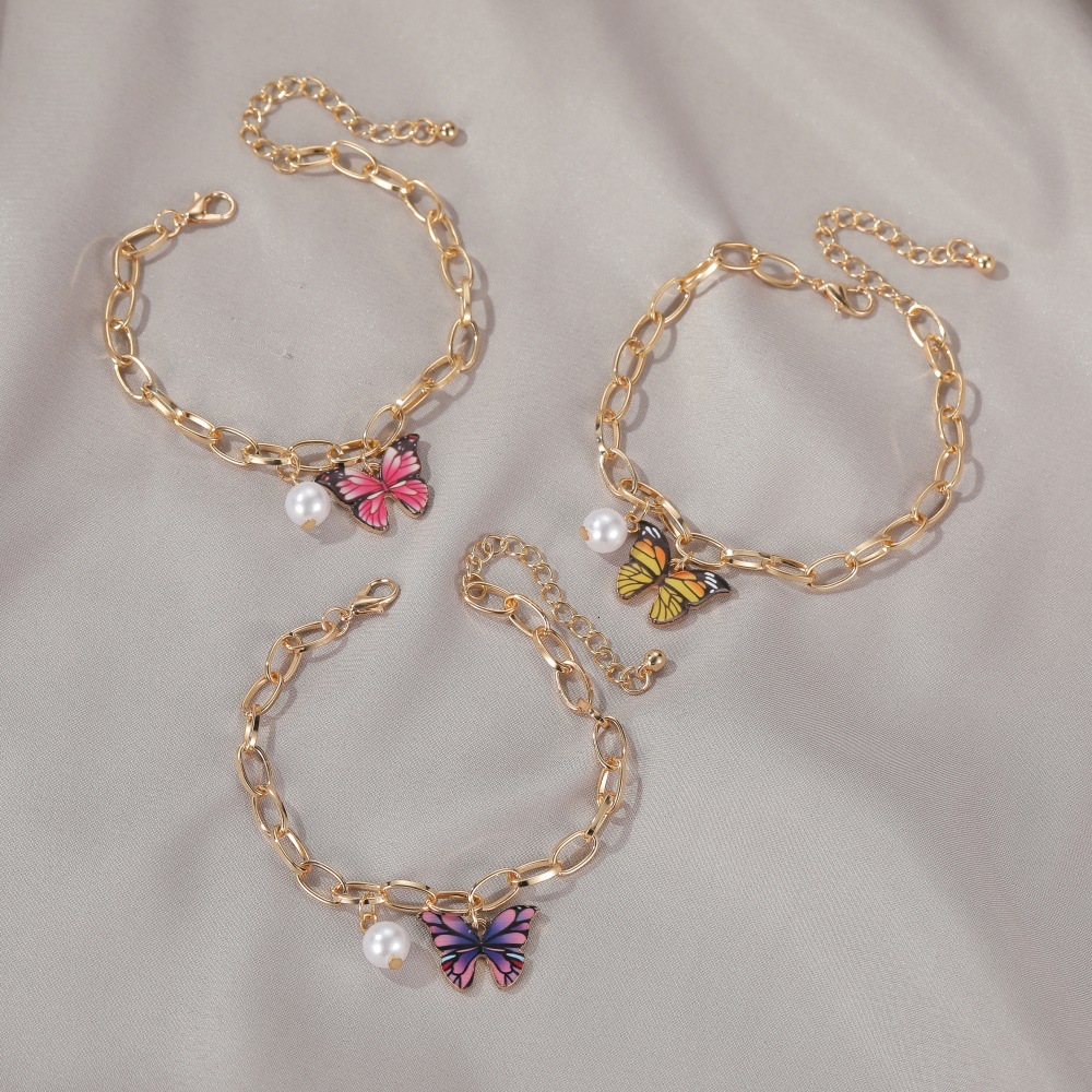 New Hand Jewelry Ins Dream Colorful Butterfly Summer Style Creative Temperament Pearl Thick Chain Bracelet