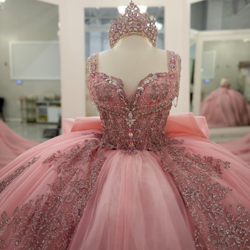 Pink Shiny Quinceanera Dresses Off The Shoulder Sequin Applique Lace Beading Bow Tull Party Birthday Ball Gown Vestidos De 15 Anos Sweet 16 Dress