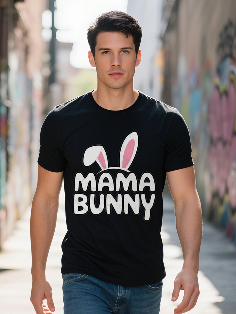 Men s Casual Short Sleeve T Shirt Black Bunny MAMA BUNNY Graphic Print Round Neck Summer Tee Regular Fit Fun