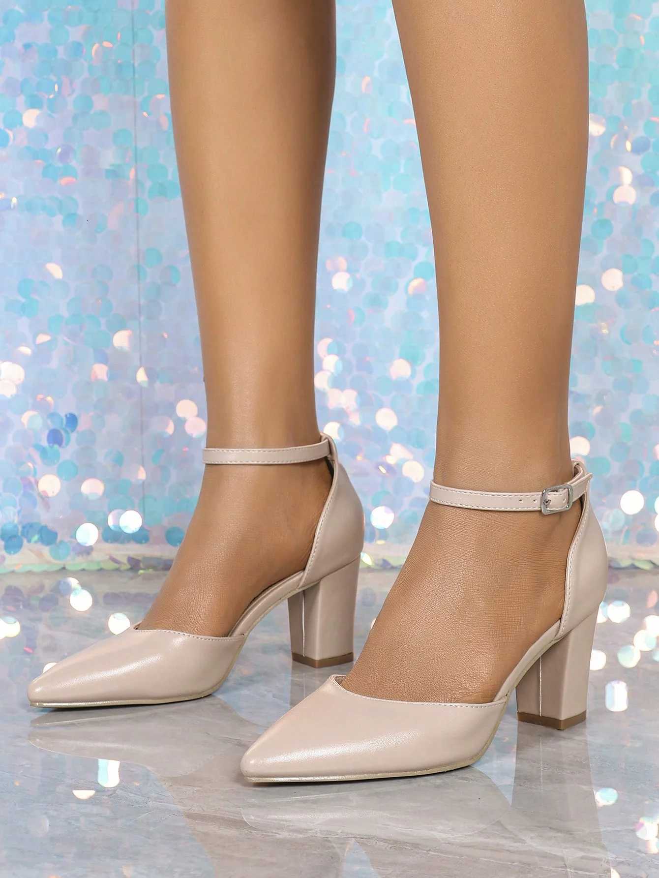 Womens New Single Shoes High Heels Pointed Toes Hollow Thick Heels Nude Straps Fashionable Simple and Sexy Party Career W250814