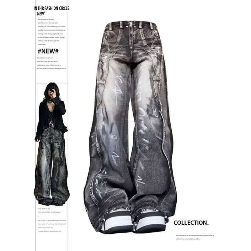 Women Black Gothic Y2k Graffiti Jeans Vintage Hip-hop Baggy Aesthetic Washing Fashion Striped Pants Korean Trashy Denim Trousers