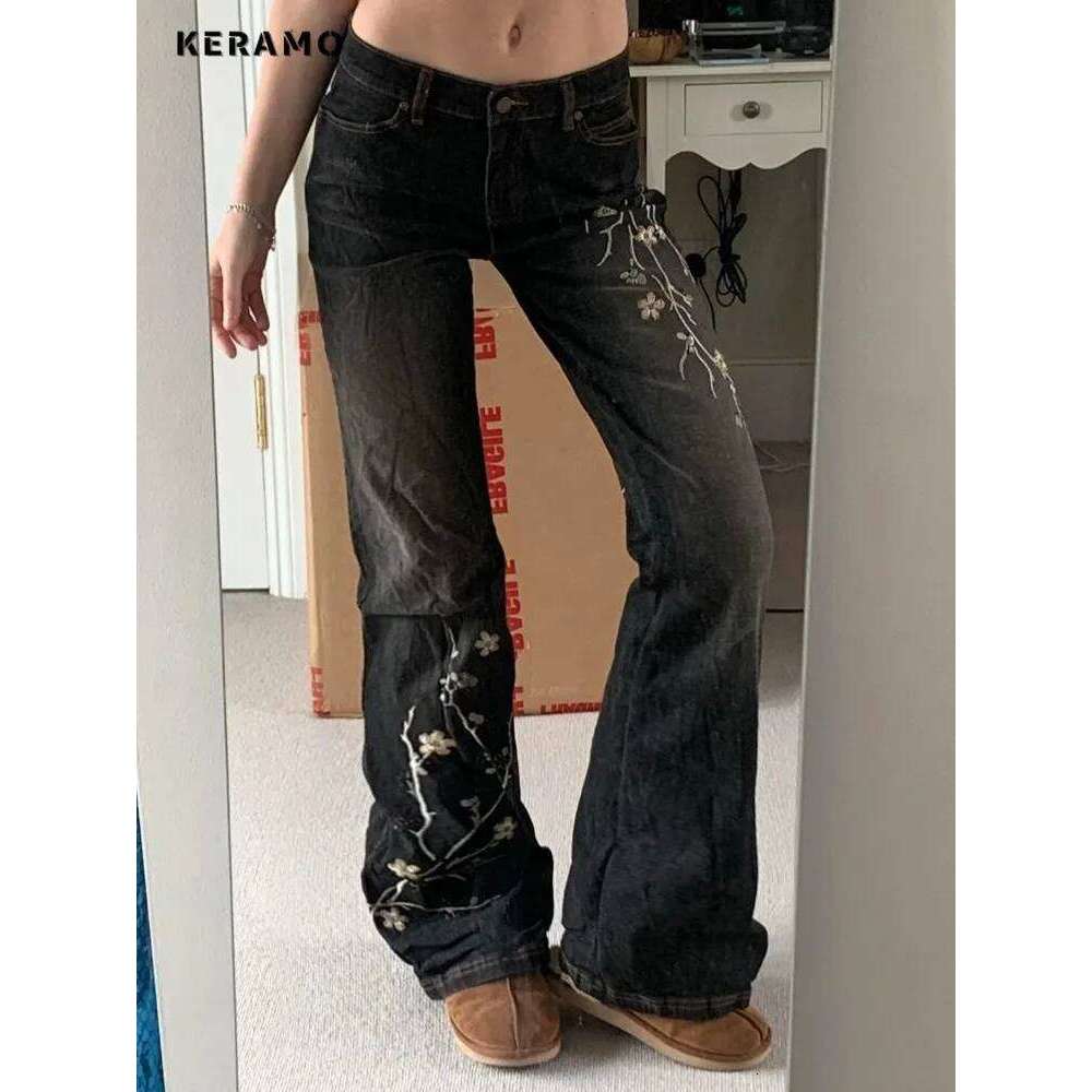 Weekeep Floral Embroidery Vintage 2000s Low Rise Flared Jeans Women Retro y2k Baggy Denim Pants High Street Basic Trousers