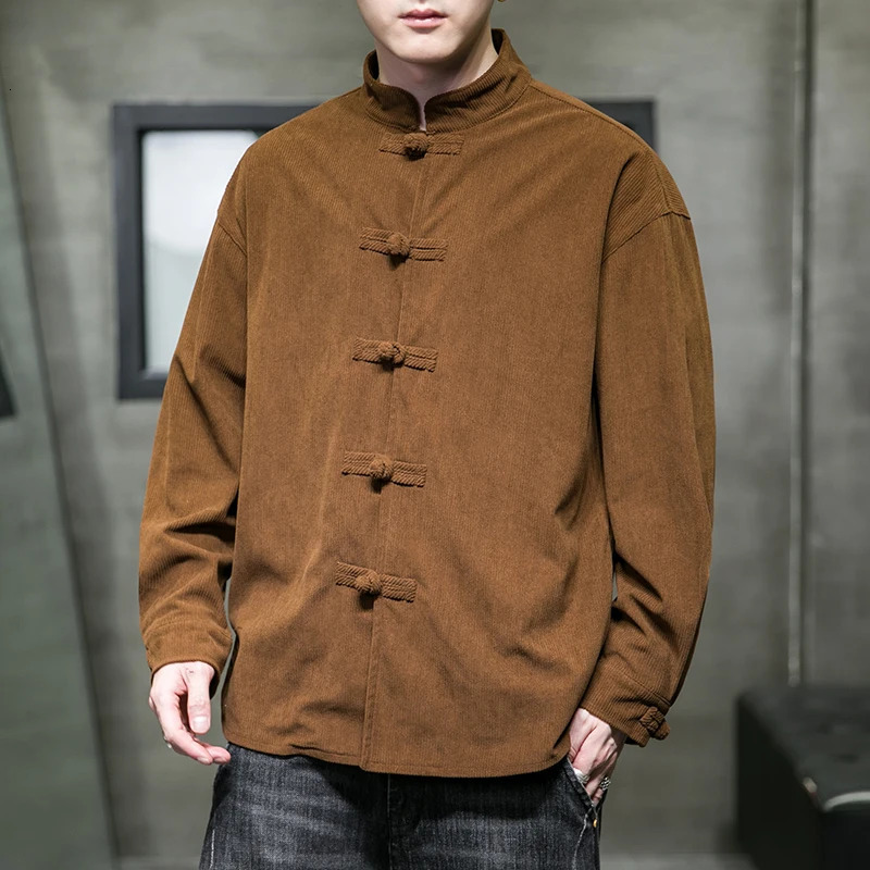 chinese style solid color Shirts for Men Corduroy Buckle Long-sleeved Shirt Autumn and Winter Tang Coat Zhongshan Coat 250813