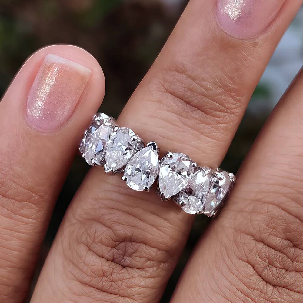 Waterdrop Moissanite Eternity Band Pear Cut Full Diamond Wedding Rings with GRA S925 Silver Stackable Wedding Ring for Women Men