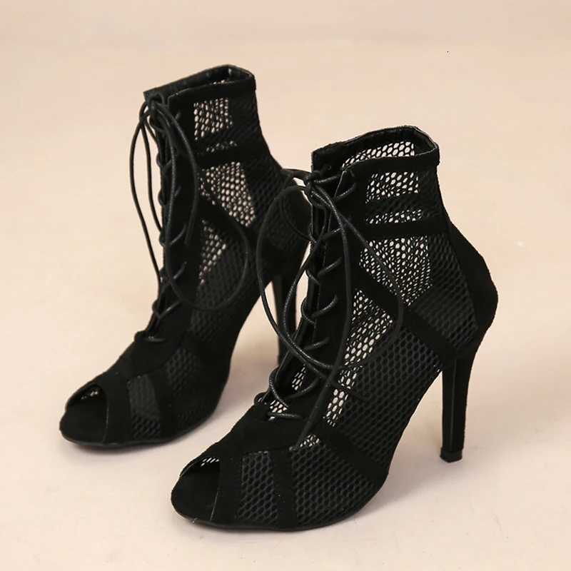 Sexy High Heels Hollow Mesh Sandals Women Summer Cross-tied Peep Toe Heeled Sandals Ankle Strap Dance Shoes Black Net Sandals W250814