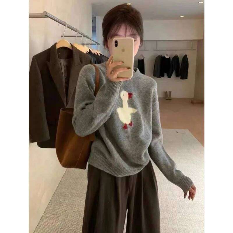 Korean Round Neck Pure Cashmere Female Cartoon Ducklings Jacquard Autumn And Winter New Loose Base Sweater 20250809