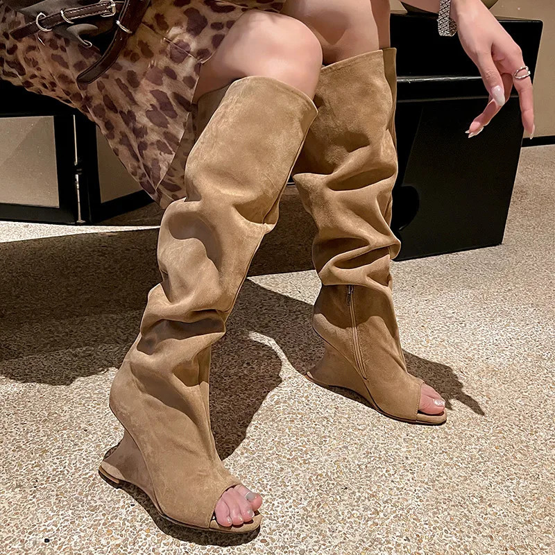 MKKHOU Fashion Knee length Boots Womens High Quality Suede Open Toe Fish Mouth Boots with Folded Wedge Heels High Boots 250812