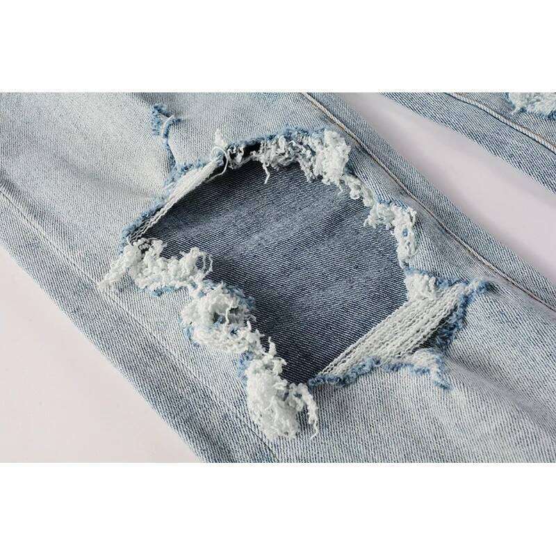Men's American High Street Fashion Distressed Washed Classical Blue Damaged Holes Stretch Skinny Button Fly Jeans Pants