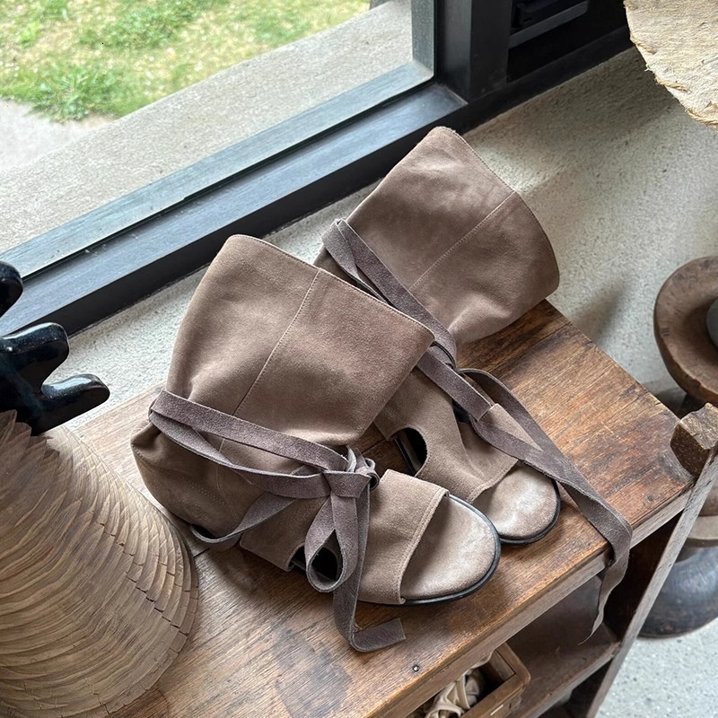 Designer Cowboy Boots Fashionable Women High Top Flats Women Summer Lace Up Open Toe Sandals Western Boots 35-40 XY74