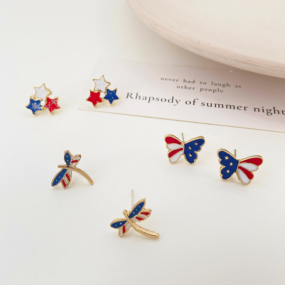 New American Flag Sweet Colorful Three Stars Dragoy Butterfly Stud Earrings