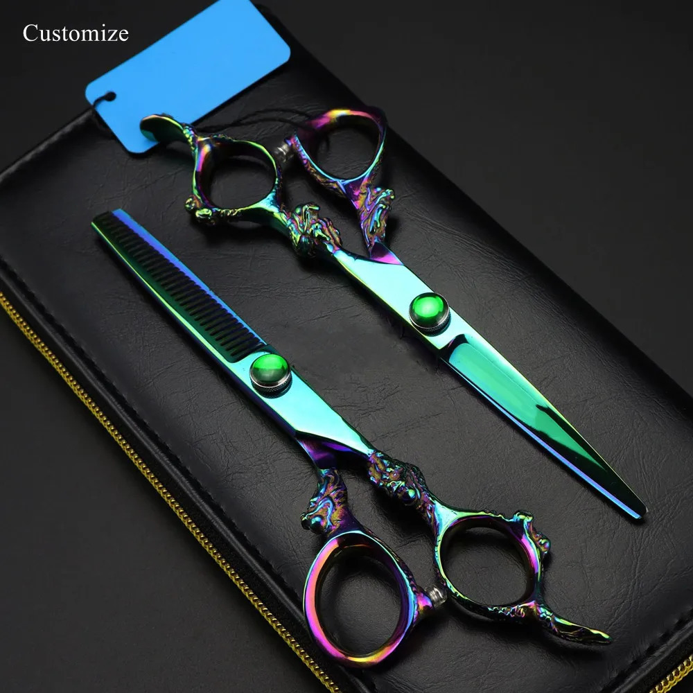 Customize JP 440c steel 6 green dragon hair scissors haircut thinning barber makas cutting shears Hairdressing scissors 250812