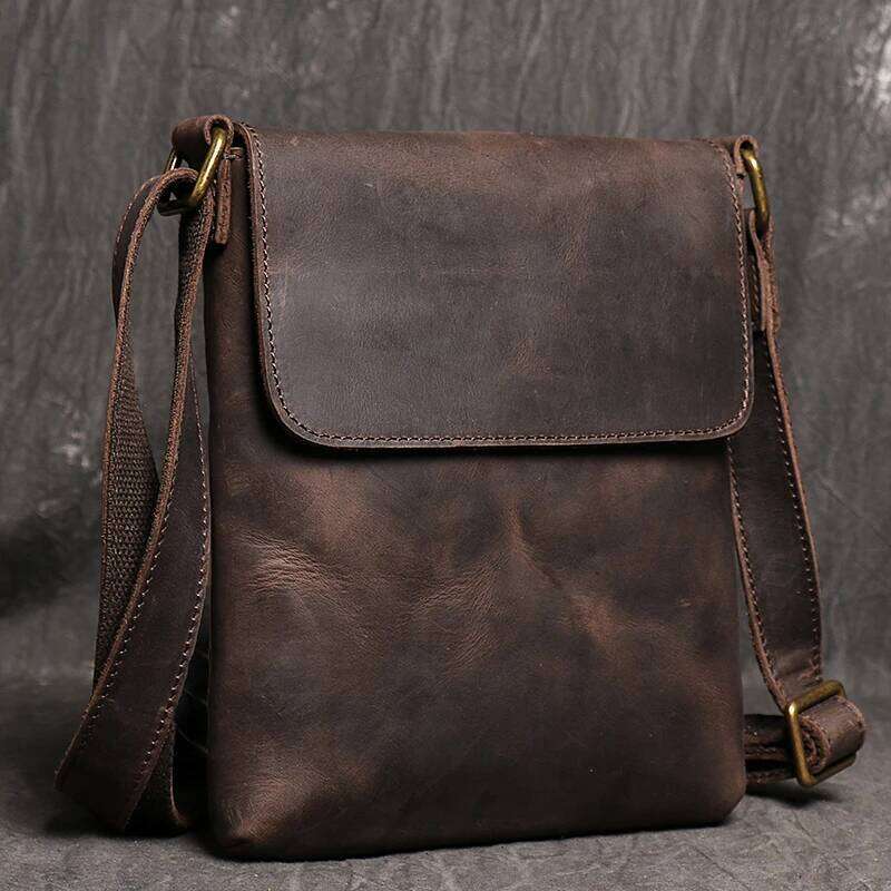 Vintage Brown Crossbody for Men Genuine Leather Men's Casual Shoulder Fashion Design Sling 7.9 inch ipad Phone Bag