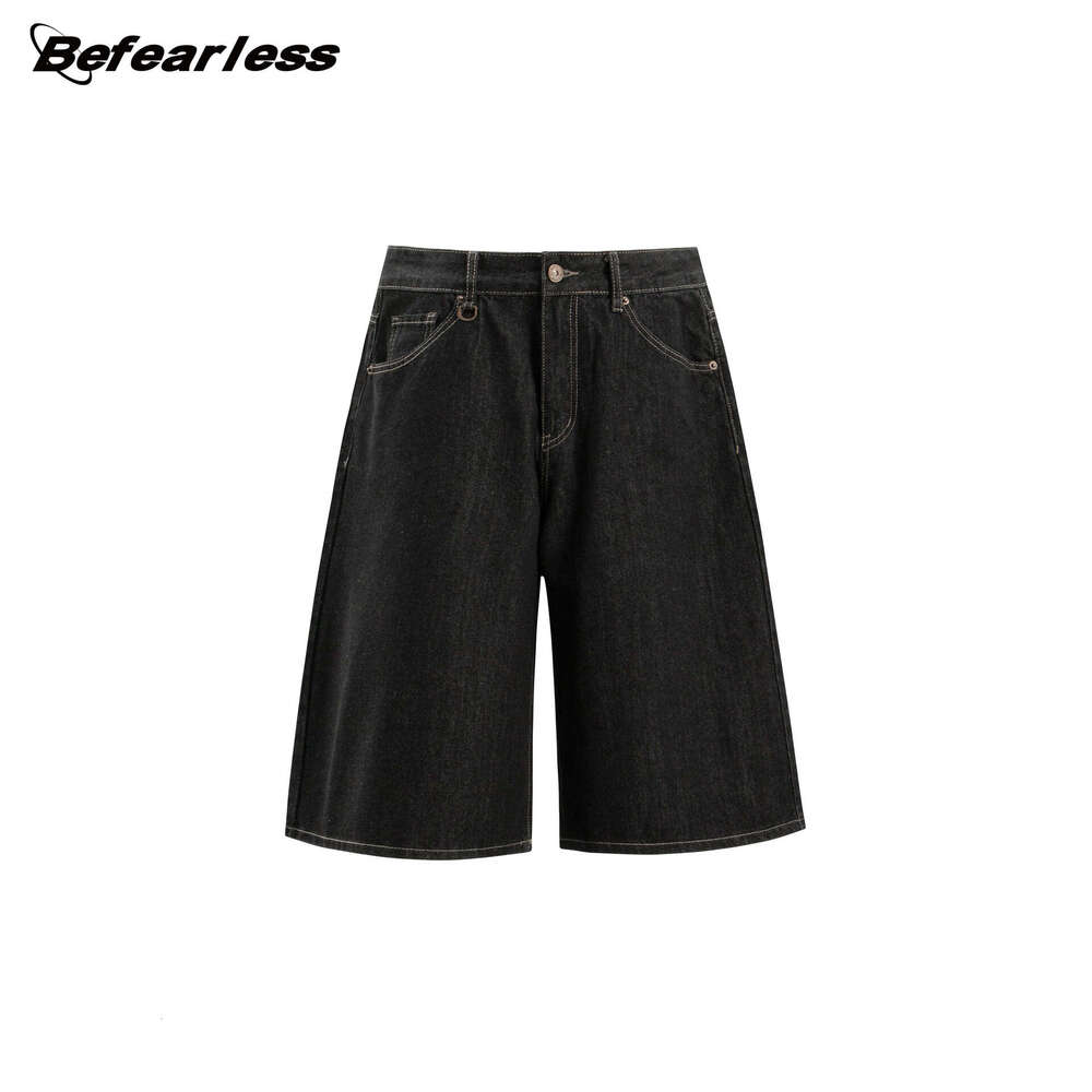 American Style Genuine Leather Cropped Jeans Unisex Summer Trendy Loose Fit Casual Shorts B5