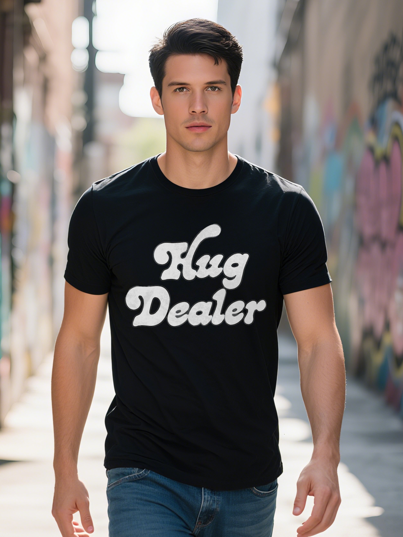 Men s Casual Short Sleeve T Shirt Black with White HUG DEALER Print Lightweight gsm Regular Fit Summer