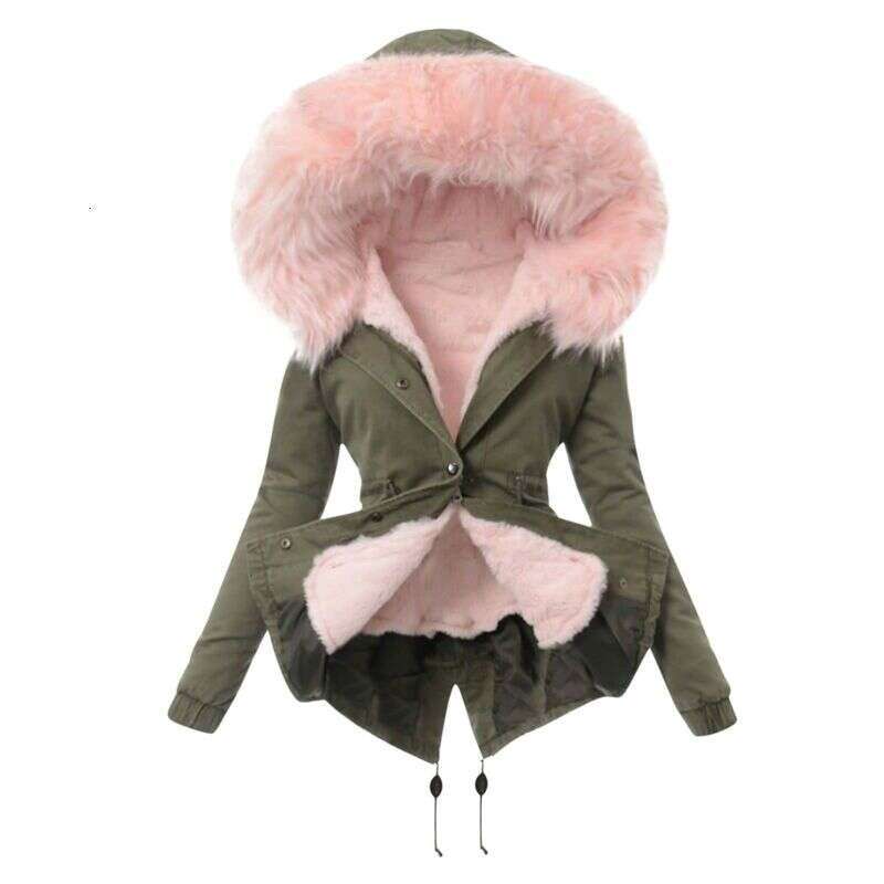 Winter Warm Cotton Jacket Women's Zipper Long Sleeve Slim Fit Hooded Coat Fur Collar Style Fashionable Outerwear