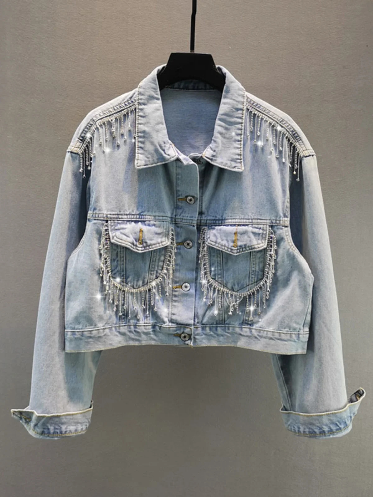 Women Diamonds Beaded Fringed Denim Jacket Autumn Rhinestones Tassels Jeans Coat Loose Crystal Cowboy Cardigan Streetwear Tops 250813