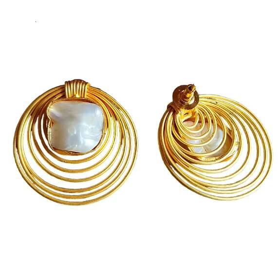 High-Quality Irregular Gold-Plated Large Baroque Pearl Line Wrapped Geometric for Women Exaggerated Statement Earrings
