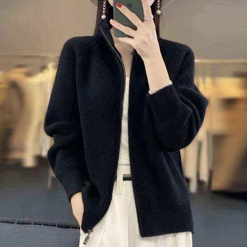 Women's 100% Merino Wool Knitting Sweater Turtleneck Zipper Cardigan Autumn/Winter Casual Loose Top Thickening Cashmere Jacket 20250809