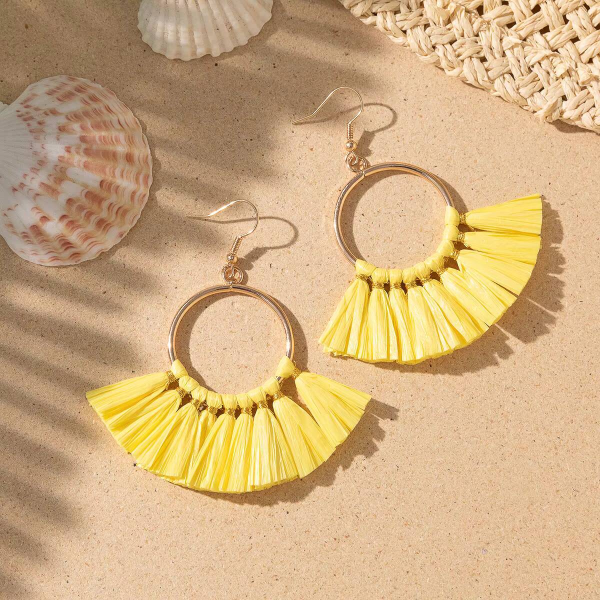 Raffia Woven Geometric Tassel Niche Exaggerated Earrings for Women Uionen 1059