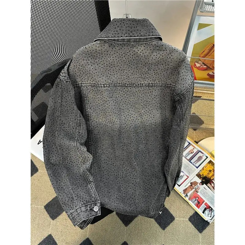 Mens American-style Heavy-duty Rhinestone Denim Jackets Loose and Casual Single-breasted Couple Jackets for Spring and Autumn. 250811