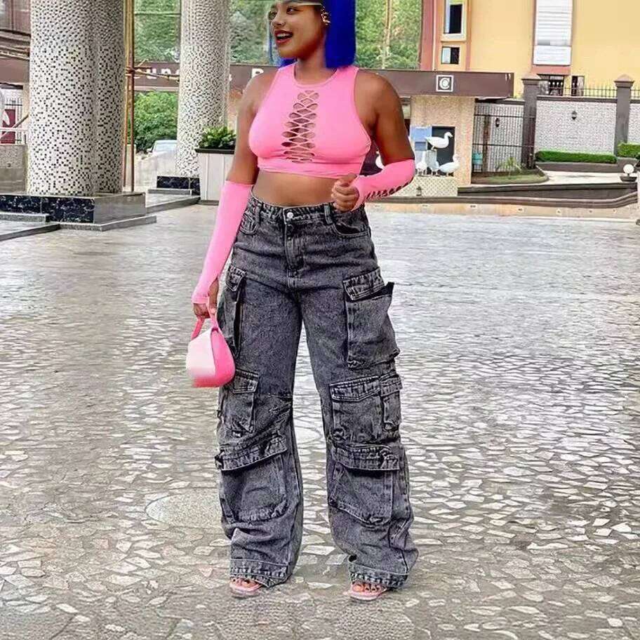 Europe The United States High-waisted Multi-pocket Long Jeans, Women's Spring and Autumn New Trend Loose Splice Cargo Jeans