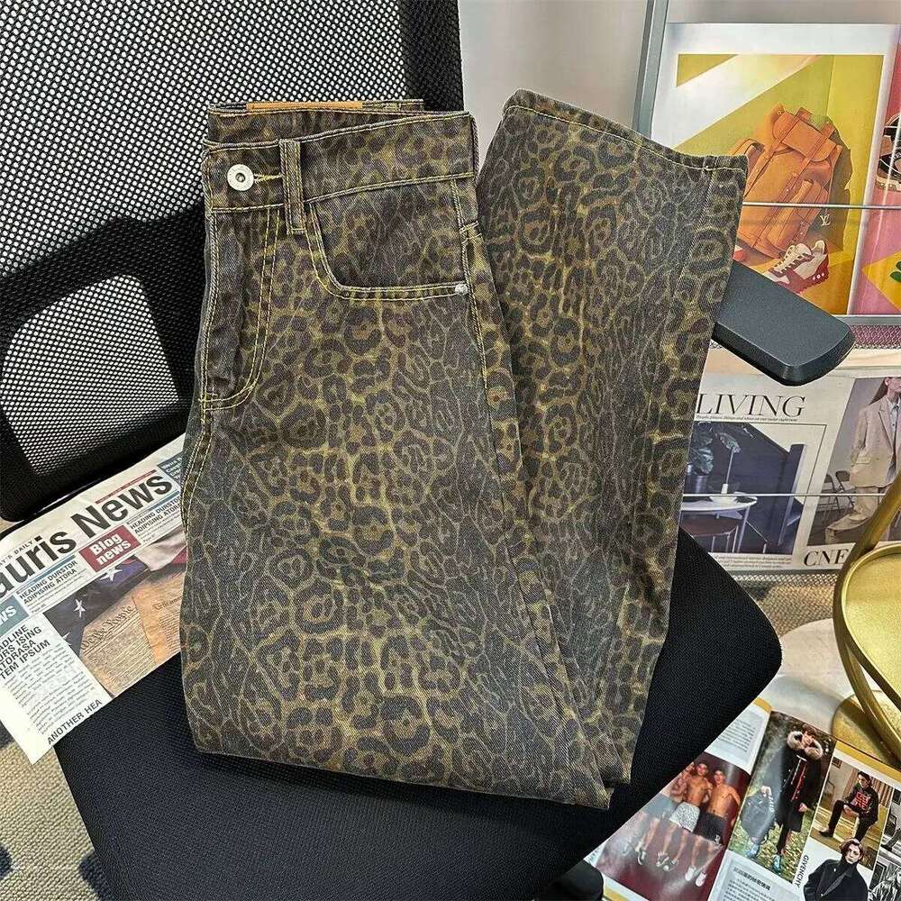 Retro Spring Trendy Leopard Print Jeans Women's American Street Trousers Y2K Haruku Style Baggy High Waist Casual Pants