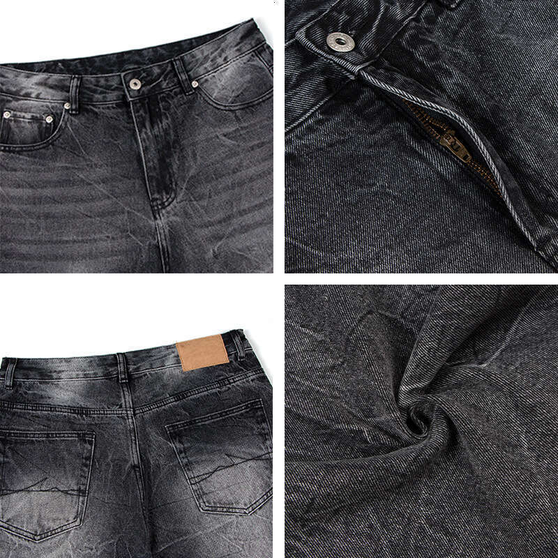 American Washed Lightning Pattern Jeans Unisex Trendy High Street Vibe Loose Casual Draped Straight Long Pants B5