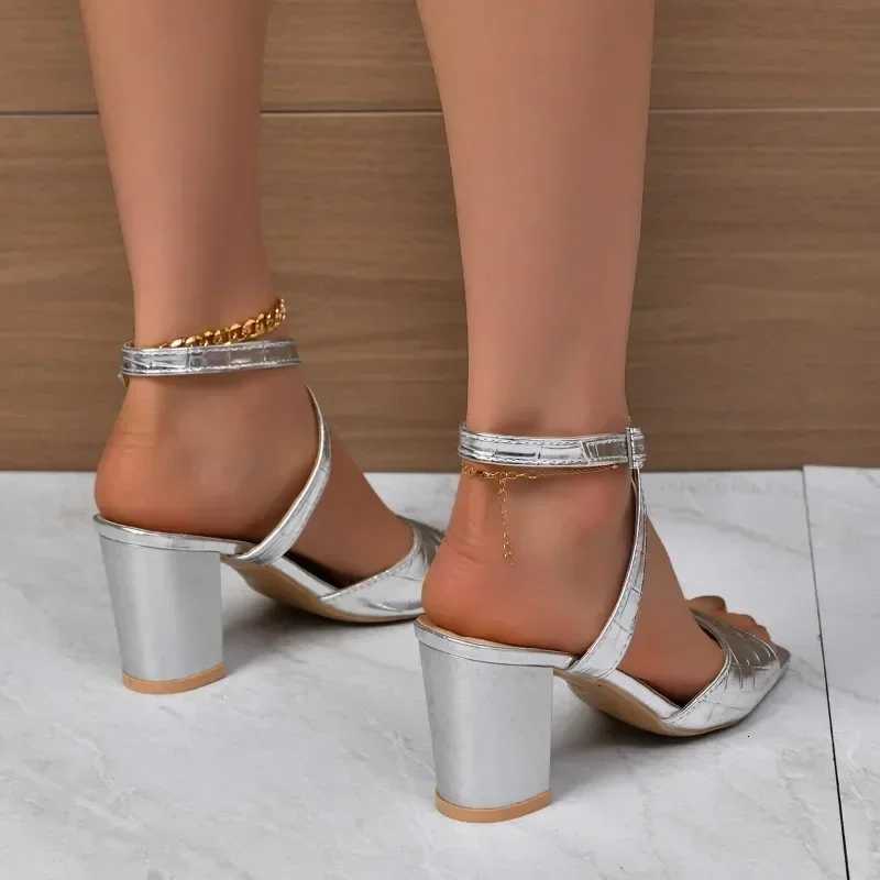 35-43 Size Gold/Silver Womens Sandals Summer New Square Head Sexy Peep Toe Buckle Strap Slingback Thick High Heel Party Shoes W250814