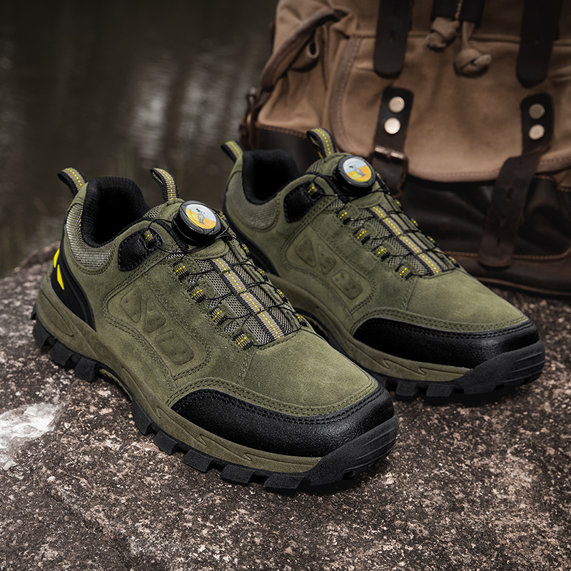 Men's genuine leather outdoor mountaineering shoes, summer city camel sports with rotating buttons, no shoelace tying, waterproof travel shoes