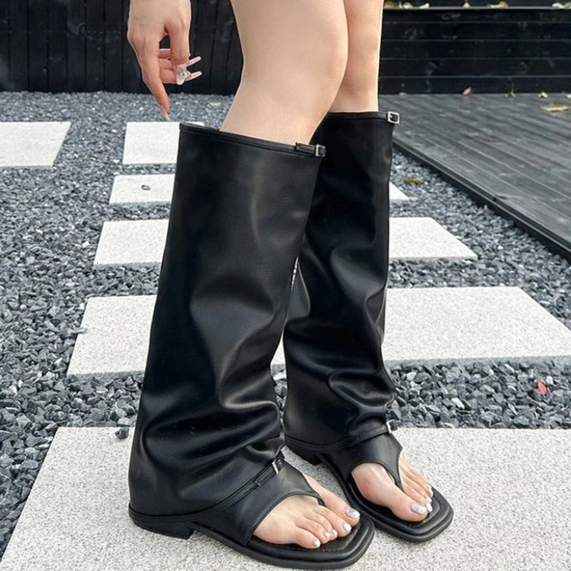 Knee High Women Cool Boots Sandals Square Toe Flats Shoes 2025 Summer Clip Toe Slippers Sexy Party Zapatillas De Mujer 250812