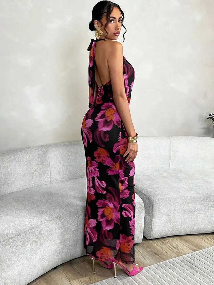 Women New Dresses Summer Streetwear Fashion Halter Casual Slim Dress Red Sexy Print Sleeveless Lady Ele Mesh Dress Clothing XJ250814