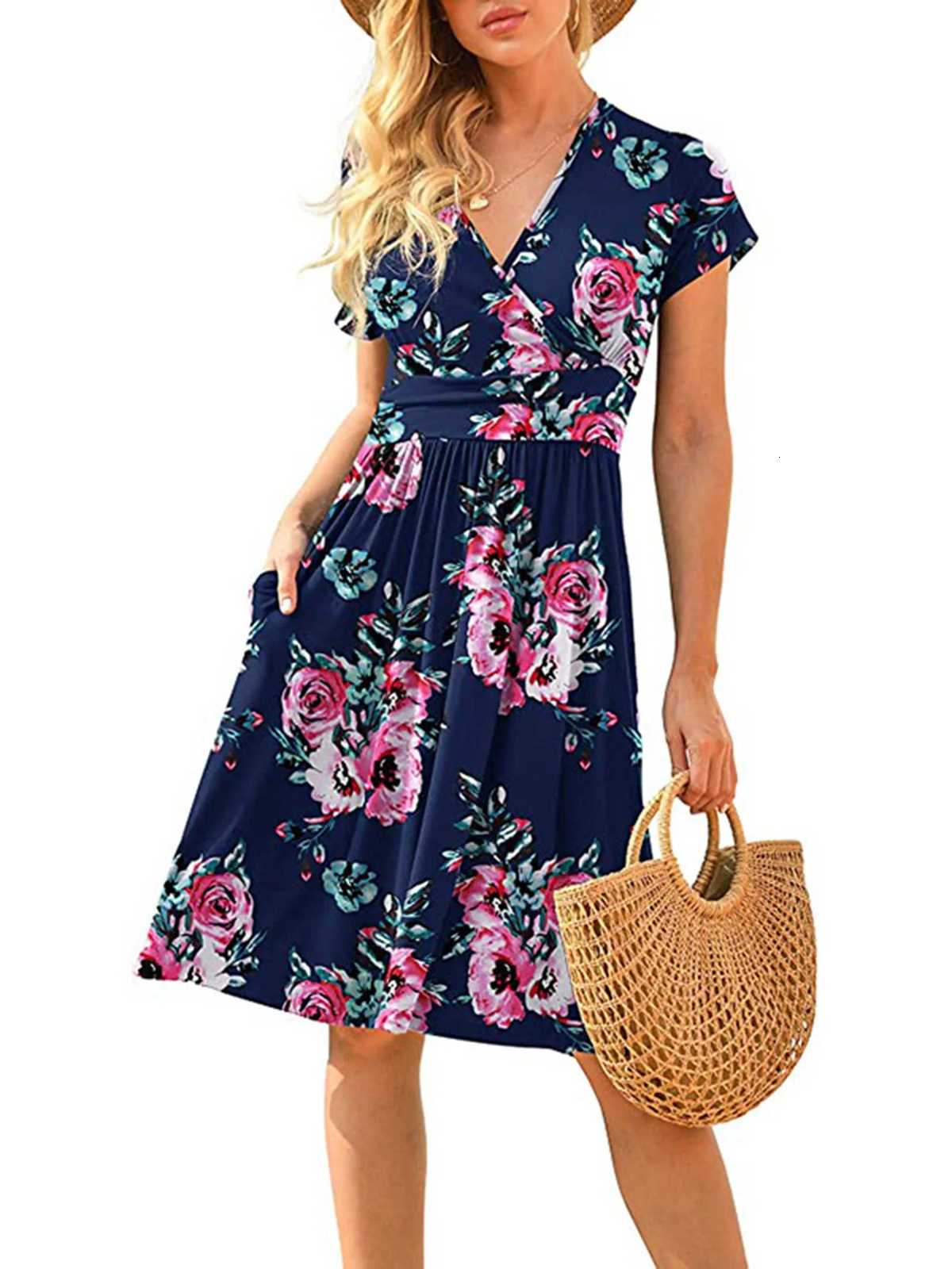 2024 Spring/Summer New Womens Long Skirt V-neck Short Sleeve Pocket Printed Loose Dress in Europe and America XJ250814