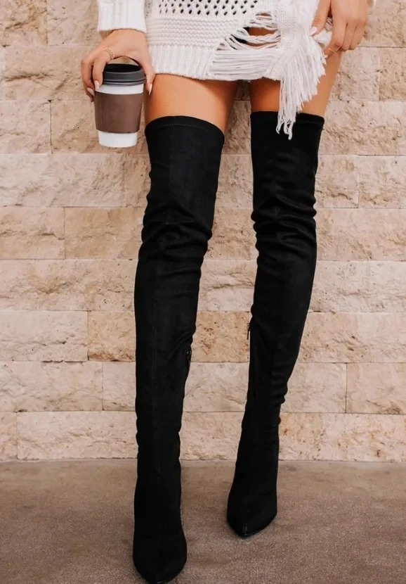 Big Size 34-46 Black Suede Women Thigh High Boot Sexy High Heels Pointed Toe Over The Knee Boots 250812