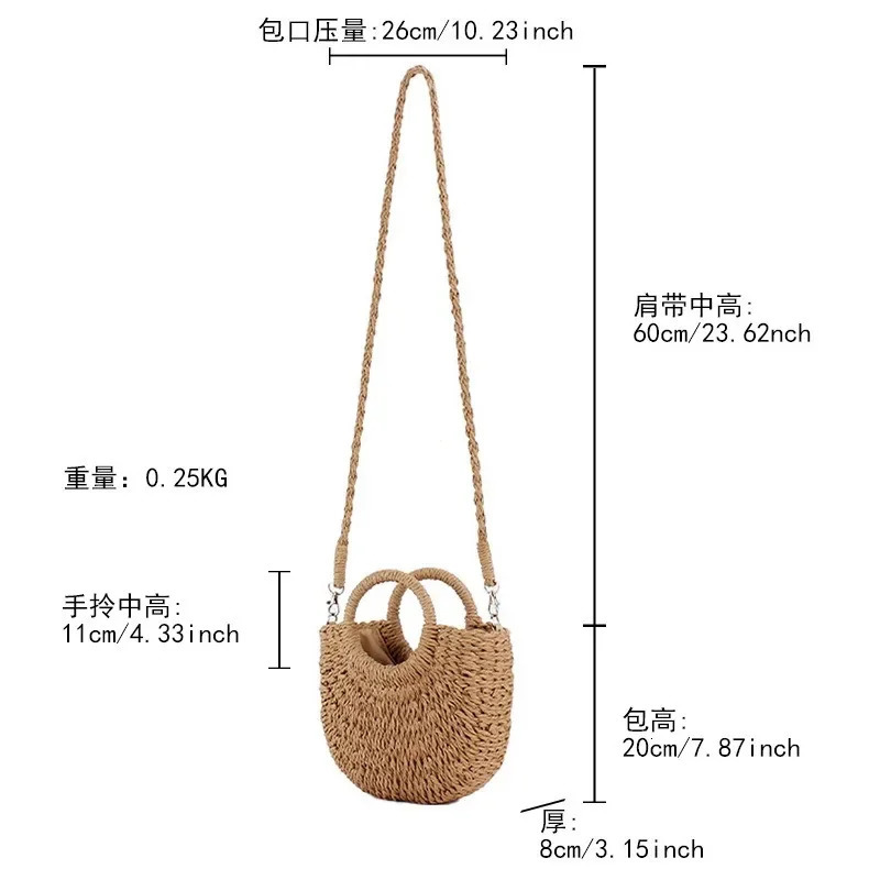 Straw Bag Women Hand-Woven Handbag Moon Shape Lace Bow Rattan Bag Big Capacity Drawstring Casual Beach Shoulder Crossbody Bag250813
