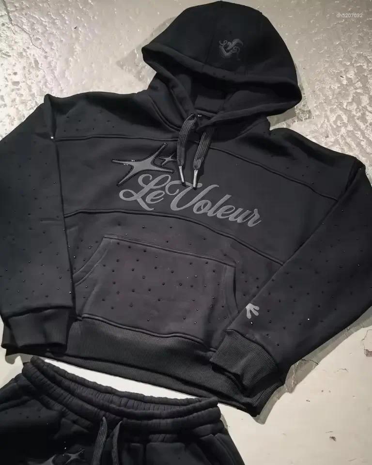 Mens Hoodies Retro Letters Rhinestone Sequin Short Hoodie Streetwear Womens Clothing Fashion Oversized Casual Pants Sweatshirt Graphic