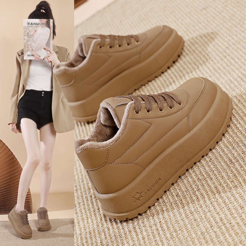 Platform Thick Sole Solid Color Women's 2025 New Autumn Winter Sneakers Versatile Loafers Fleece Lined Cotton Shoes