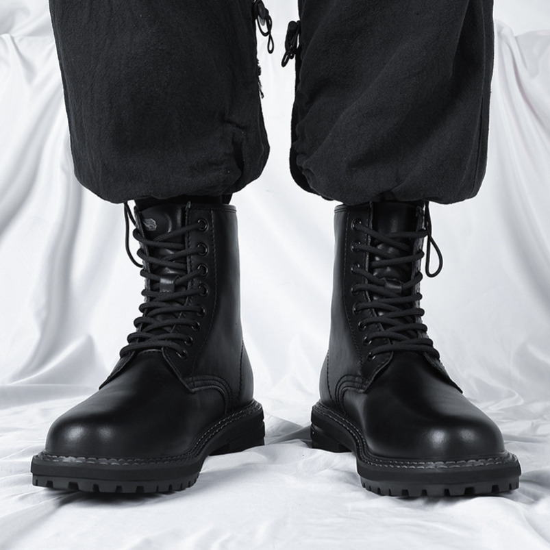 New Martin for Men Korean High Top Men's with Fleece British Style Genuine Leather Mid-Top Boots 6028-T