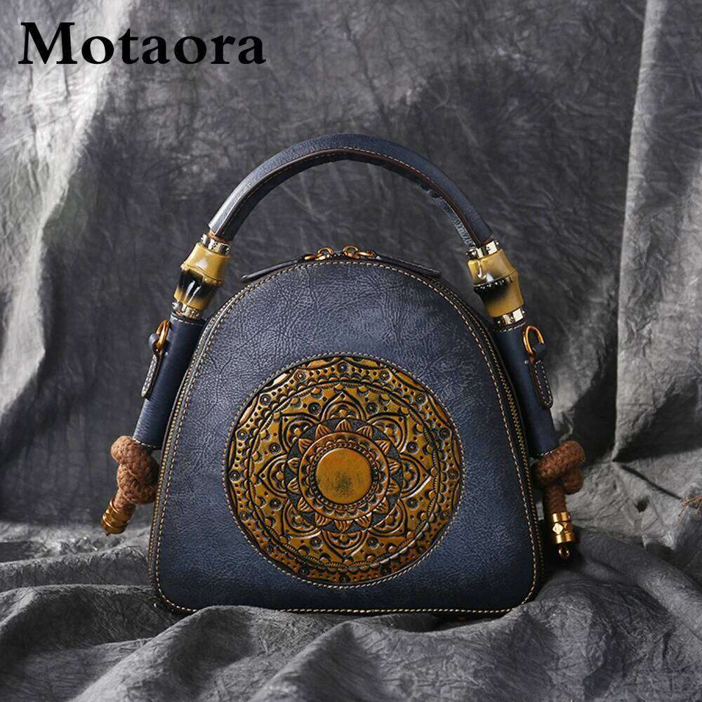 City Bag MOTAORA Handmade Emed Women Crossbody 2025 New Retro Genuine Leather Shell Bag Ladies Chinese Style Shoulder Bags