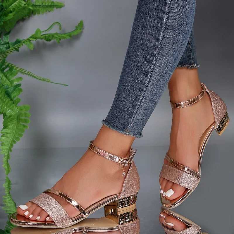 2024 Women Sandals Heels Casual Shoes Womens Open Toe Summer Gold Shoes Square Female Ankle Strap Low Heels Footwear Woman W250814