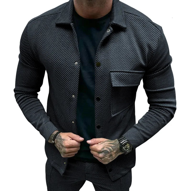 European and American casual mens heavy twill lapel neck long-sleeved single-breasted solid-color slim-fit jacket 250813