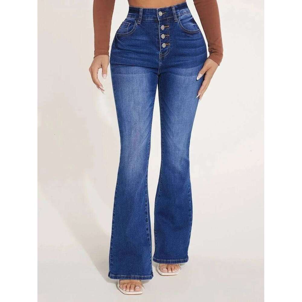 High Street Fashion High-waisted Women Four Seasons New Temperament Slim Micro-flared Jeans Casual Breasted Denim Pants