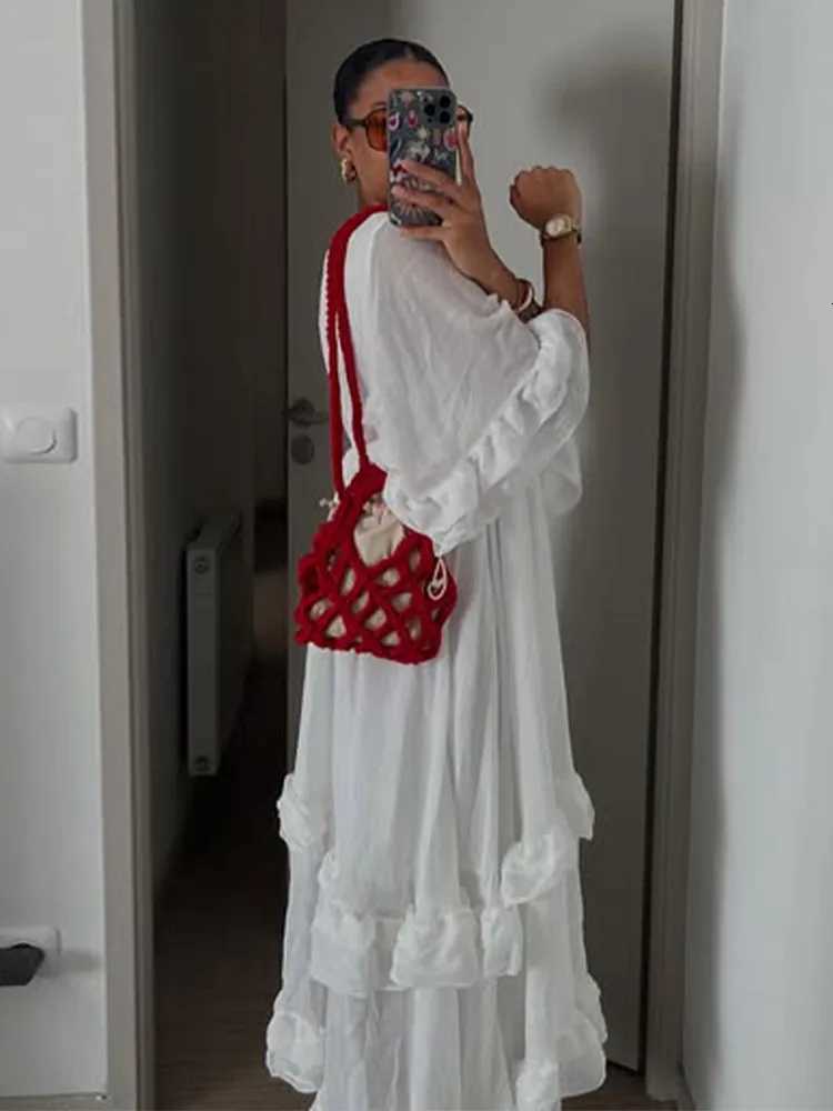 Solid Patchwork Ruffle Hem Loose Dress Chic V-neck Half Sleeve High Waist Long Dresses 2025 Fe Summer Daily Comte Gowns XJ250814