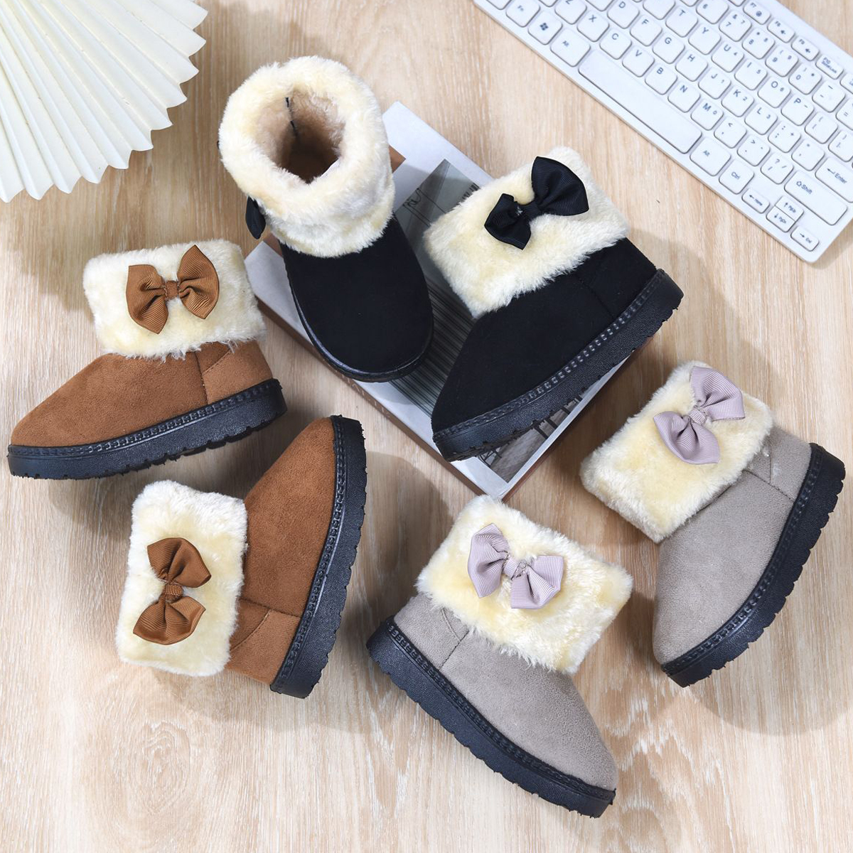 Girls Snow Boots Winter Warm Kids Cotton Shoes Toddler Suede Anti Slip Sneakers Bowknot Princess Short Boots Plush Children Shoes Sizes US5C-US3Y 0004