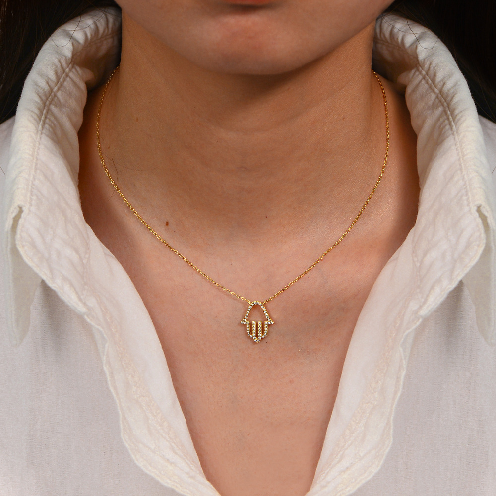 S Pure Sier Inlaid Dia Hollow Palm Necklace for Women Fashionable High-end Pendant Versatile Collarbone Chain