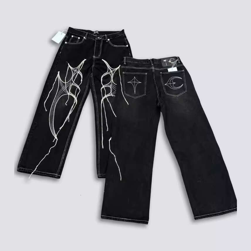 24FW Thug Club Tribal Tree Beard Line Embroidery Korean Vibe Style Loose Jeans Jacket for Men