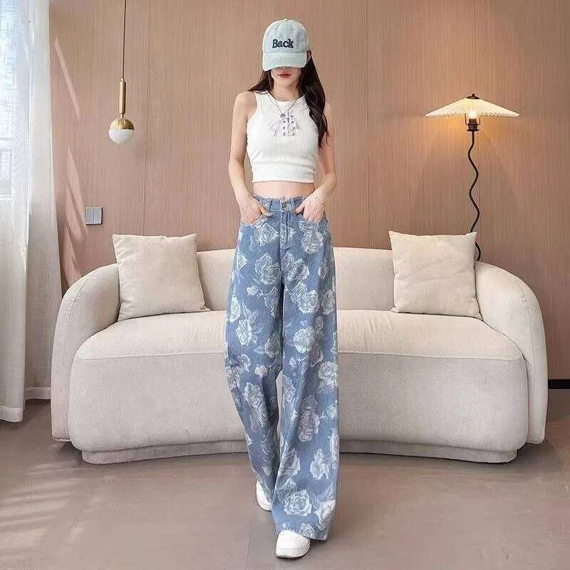 European and American street straight tube slim women high waist jeans punk fashion popular drag pant casual wide leg pants